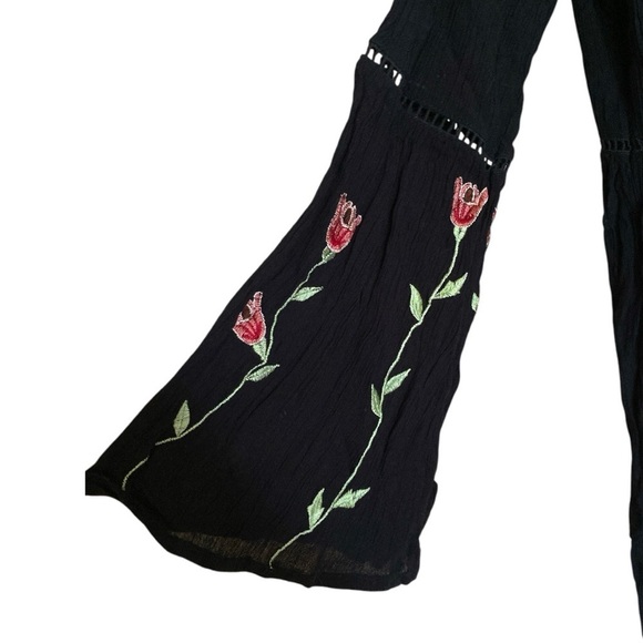 Black Embroidered Tunic Floral Dress, Rayon, Bell Sleeves Keyhole Back Size XXL - Picture 6 of 11